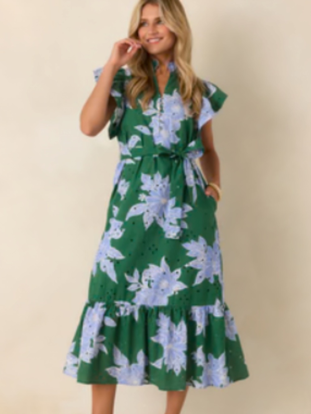 FRESH AIR AFFAIR HUNTER GREEN & BLUE FLORAL COTTON EYELET MIDI DRESS